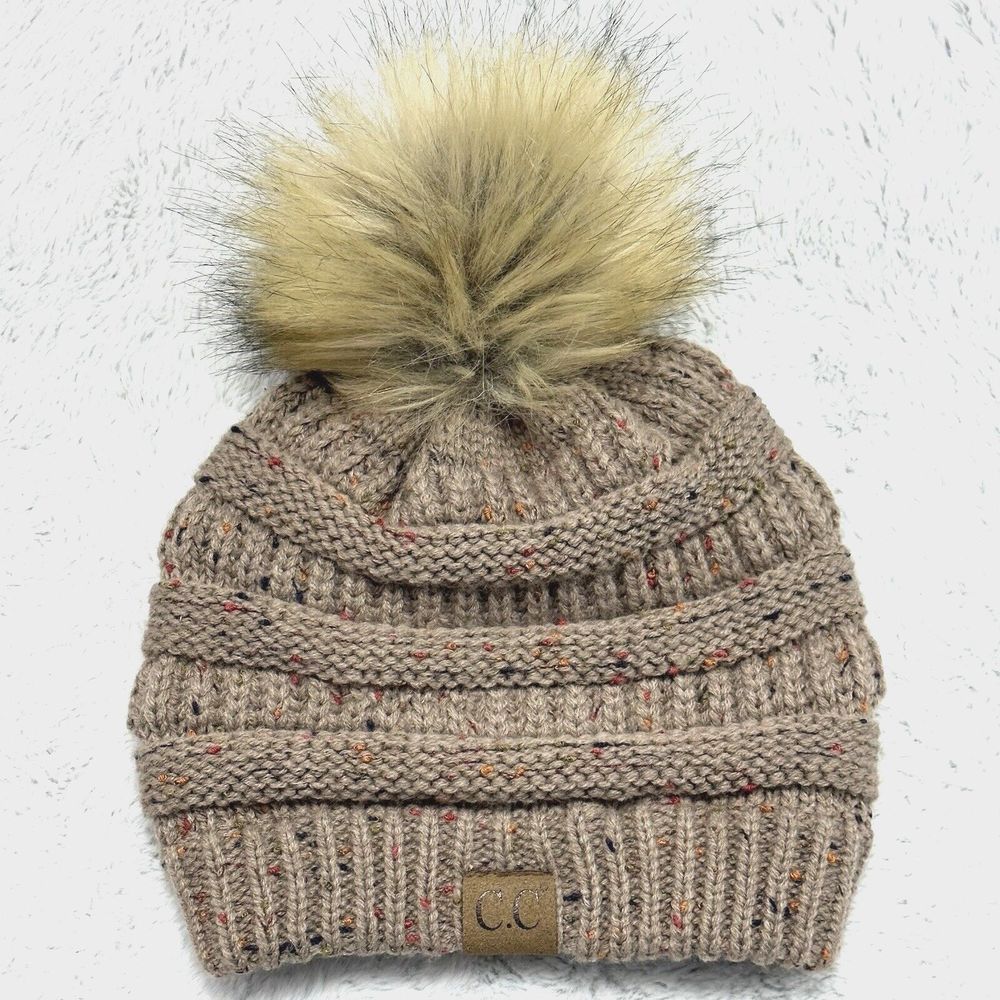 C.C Exclusives Camel Confetti Faux Fur Pom Pom Beanie Ribbed Knit Stretch Cozy